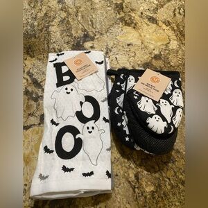 Martha Stewart Kitchen Towel & Oven Mitt set BOO Ghosts Halloween Brand new